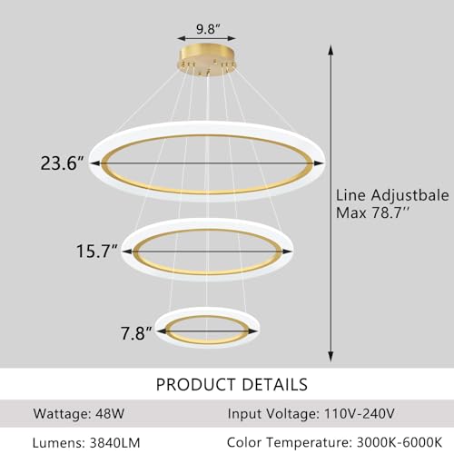 Modern LED Chandelier 3 Ring Chandelier for Dining Room Living Room Pendant Lighting High Ceiling Hanging Light Fixture for Bedroom Foyer Gold