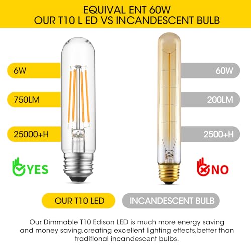 Dimmable E26 LED Bulb 6W Equal 60 Watt Warm White 2700K E26 Edison AC120V 750LM Tubular T9 T10 LED Light Bulb for Rustic Pendant (8 Count)