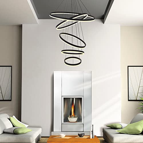 5 Rings Modern LED Chandelier Black Dimmable High Ceiling Chandelier for Dining Room with Remote Control for Foyer Living Room Entryway Staircase