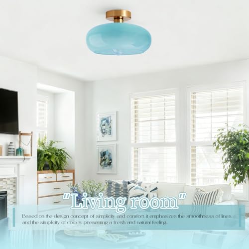 Blue Close to Ceiling Light Fixtures Vintage Flush Mount Ceiling Lights 11" Round Dome Thickened Glass Shade Gold Mid Century Semi Flush Mount Light Hallway Entrance Lighting Fixture