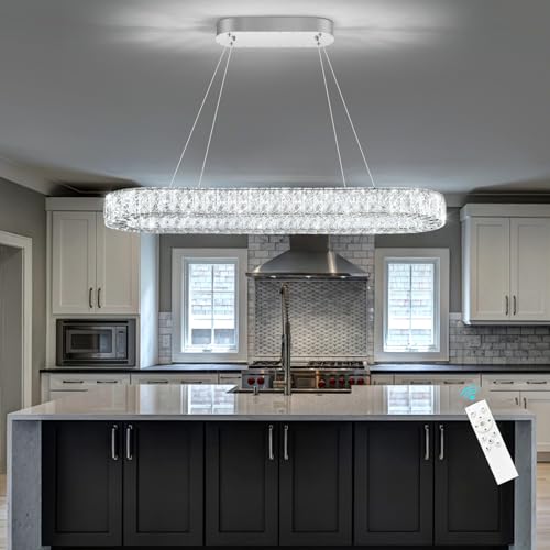 Oval Crystal Chandelier Modern Dimmable LED Chandeliers for Dining Room Rectangular Light Fixture with Remote for Living Room Kitchen Light Silver