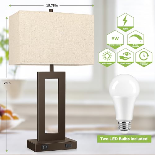 28" Brown Modern Table Lamp Set of 2 with 2 USB Ports&AC Outlet (2 Count)