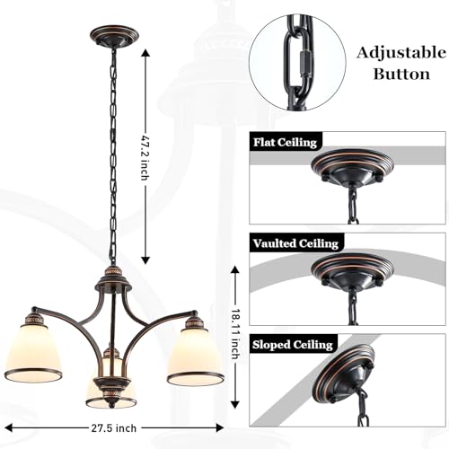 3 Light Classic Rustic Chandelier for Farmhouse with Milk White Frosted Glass Shades Black Dining Room Light Adjustable Height Ceiling Hanging Light Fixtures for Dinner Table