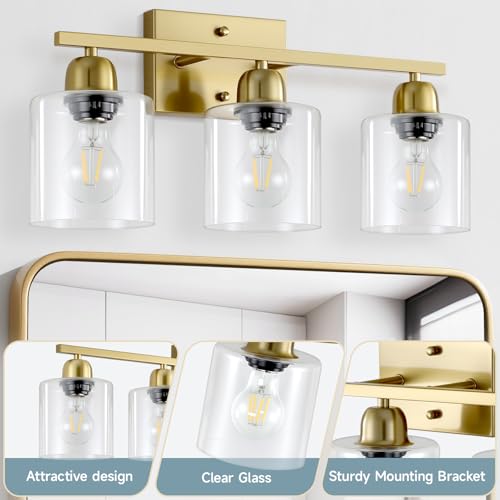 Modern Brushed Gold 3 Light Bathroom Light Fixtures