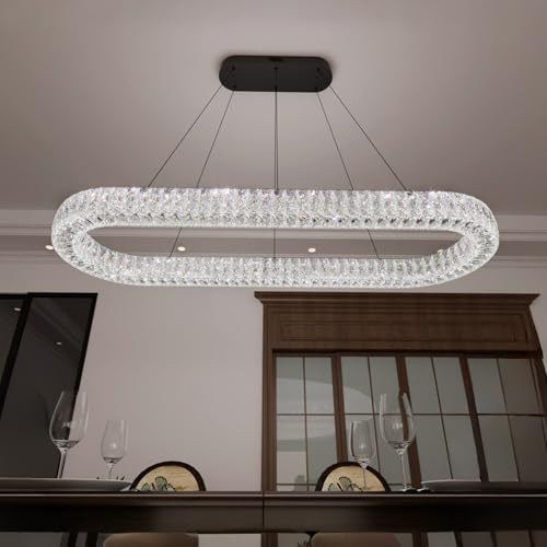 Modern Oval Crystal Chandelier for Dining Room Dimmable LED Chandeliers Rectangular Pendant Light Fixture with Remote for Living Room Kitchen Island Black