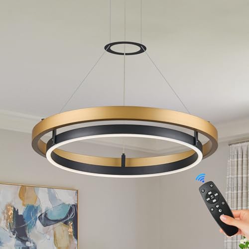 Modern LED Chandelier Black Gold Dimmable Circular LED Pendant Light with Remote Ring Chandelier Dining Room Light Fixtures for Kitchen Island Living Room Entryway