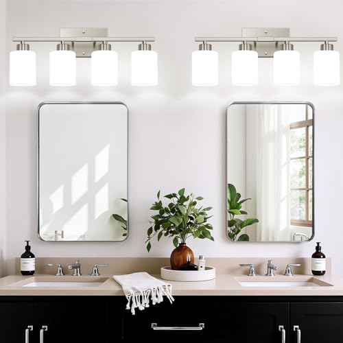 Brushed Nickel Bathroom Light Fixtures with Milk Glass Shades