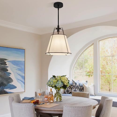 Modern Pendant Light Fixtures with 12" White Linen Fabric Shade