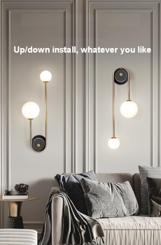 Modern Wall Sconce Set of 2 Mid Century Black Gold Wall Lamp with 2 Milk Glass Shade U (2 Count)