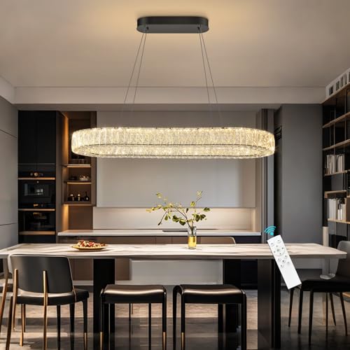 Modern Oval Crystal Chandelier Glam Dimmable Crystal Ceiling Chandeliers for Dining Room Kitchen Island Black