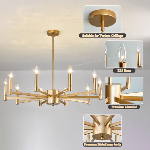 10 Light Gold Candle Chandeliers Modern Farmhouse Ceiling Light Fixture Industrial Lighting for Dining Room Living Room Bedroom Kitchen