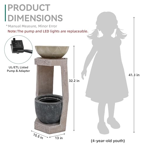 32" Geometric Outdoor Water Fountain with Birdfeeder