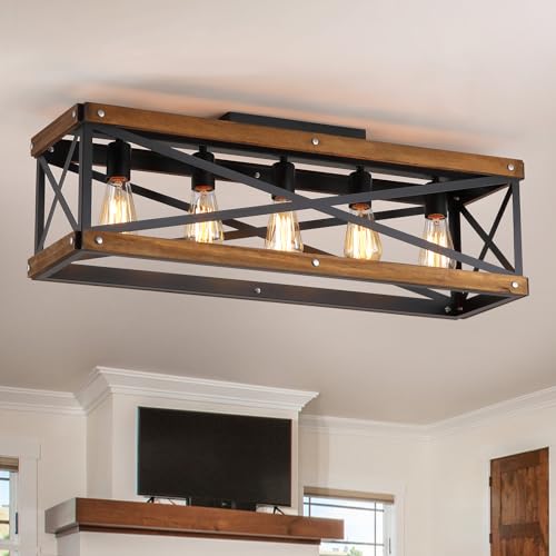 5 Light Large Rustic Farmhouse Wood Flush Mount Ceiling Light Fixture 31.5 inch Oak Wood and Metal Rectangular Track Semi Flush Mount Ceiling Light for Kitchen Living Room Bedroom Indoor