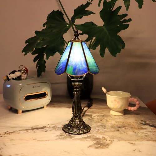 Small Tiffany Style Table Lamp Sea Blue Stained Glass Lamp 14 Inch