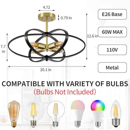 Semi Flush Mount Ceiling Light Chandelier 20'' Black and Gold Modern Light Fixtures Ceiling 4