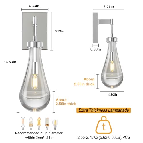 Raindrop Wall Sconces Set of Two Chrome Sconces Wall Decor Modern Wall Lighting Glass Bathroom Sconces Indoor Vanity Light Wall Lamp for Bedroom Living Room Stair (2 Count)