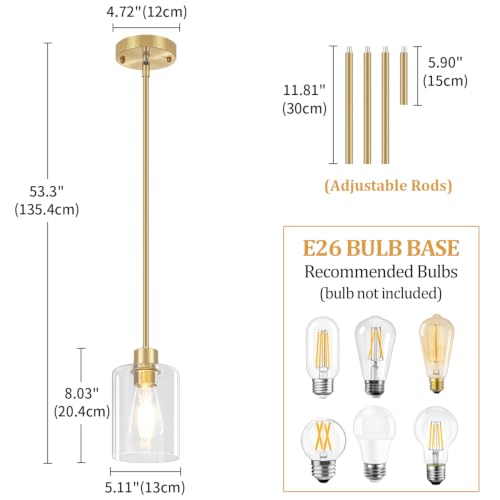 3 Pack Brushed Gold Pendant Lights Kitchen Island Glass Hanging Lighting