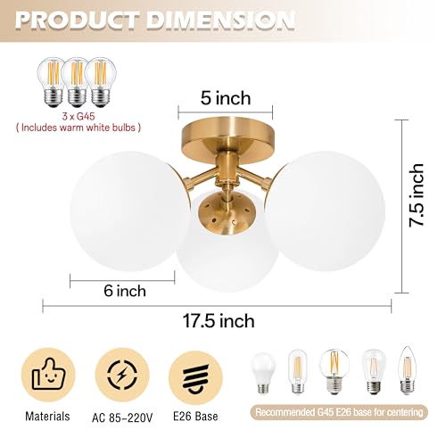 3 Light Mid Century Modern Gold Globe semi Flush Mount Ceiling Brass Chandelier 3