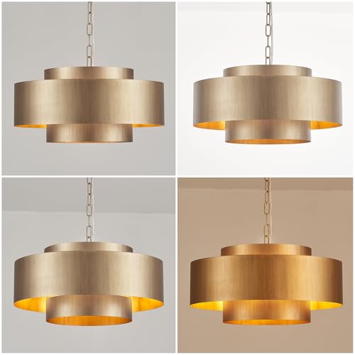20” Brushed Brass Modern Chandelier Classic 3 Round Metal Pendant Light Contemporary Adjustable Industrial Pendant Light for Dining Room Kitchen Island Living Room Bedroom (3 Count)