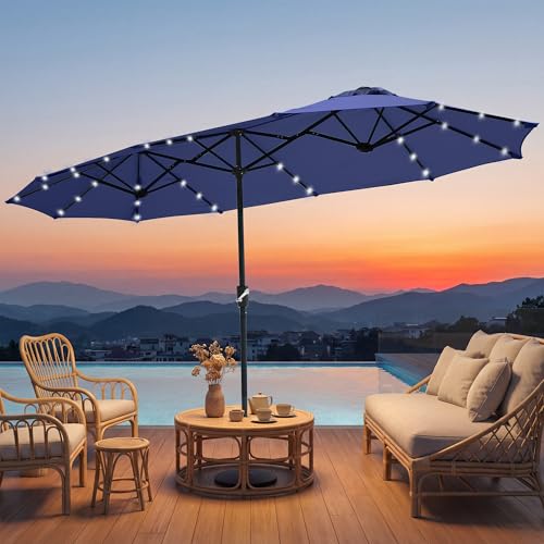 REE SOLDIER 13ft Double Sided Patio Umbrella with Solar Lights