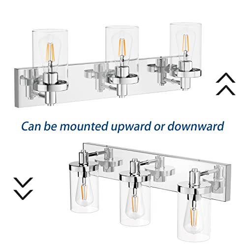 Chrome Vanity Light for Bathroom 3 Light Farmhouse Bathroom Lights Fixtures Over Mirror with Clear Glass Shade