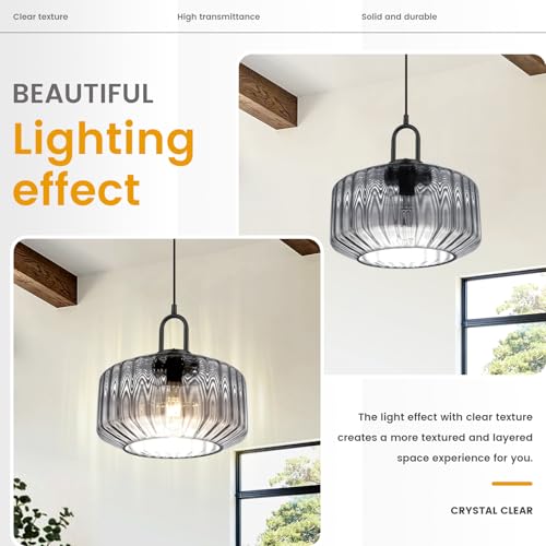 Gray Pendant Light Fixture Large Glass Pendant Light Fixture Vintage Industrial Ceiling Hanging Lights 11" Striped Wave Shade Black Metal Ceiling Hanging Lighting Farmhouse Kitchen