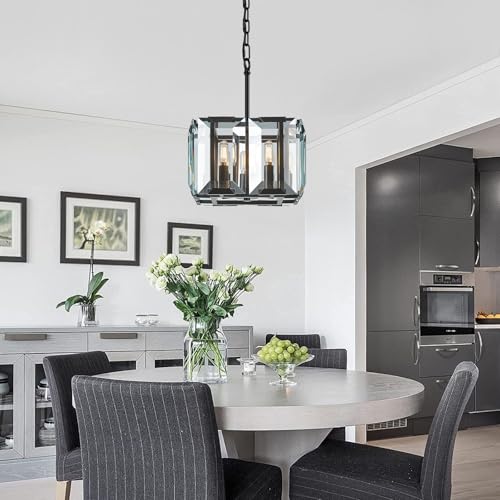 Black Modern Crystal Chandeliers Rectangle Farmhouse Pendant Light Semi Flush Mount Ceiling Light Fixture for Bedroom Dining Room Kitchen Island Living Room Foyer Hallway