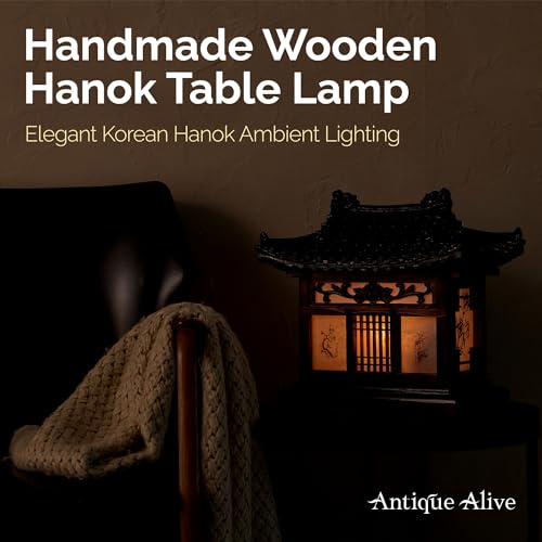 Carved Wood Table Lamp Handmade Traditional Korean House Pavilion Pagoda Design Art Deco Lantern Brown Asian Oriental Bedside Bedroom Lamp Accent Unusual Light