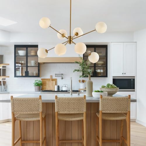 8 Lights Gold Globe Sputnik Chandelier Vintage Milk Glass Chandelier Light Fixture Large Modern Sputnik Pendant Lights Kitchen Island Mid Century Brushed Brass Bedroom Ball Hanging