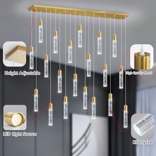 20 Lights Modern Crystal Chandeliers LED Pendant Light for Kitchen Island Dining Room Entrance Foyer Living Room 6000K Gold