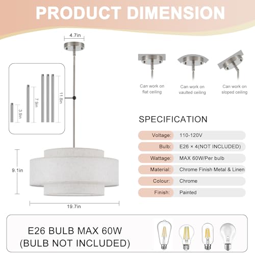 19.7" Modern Linen Drum Chandelier