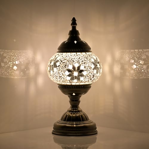 Turkish Moroccan Table Lamp Lantern with Handmade Mosaic Glass Lampshade Tiffany Style Bohemian Stained Glass Decorative Desk Lamps Bedside Night Lights for Bedroom