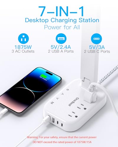 Small LED Desk Lamp Power Strip 5ft Extension Cord with 3 Outlets 4 USB Ports