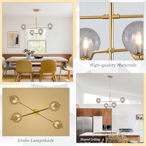 Modern 31" 4 Light Gold Sputnik Chandelier with Smoke Glass Globe