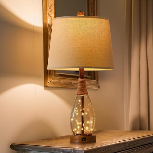 23" USB A+C Table Lamp for Bedroom Living Room Modern Bedside Lamps Retro Farmhouse Rattan Glass Nightstand Nightlight Lamps
