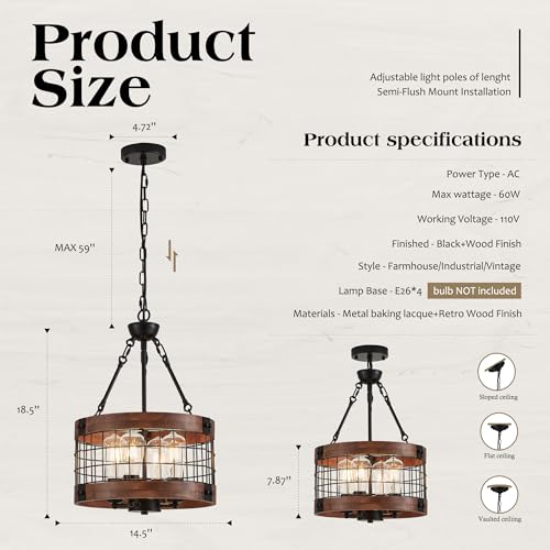 4 Light Farmhouse Drum Wood Pendant Light