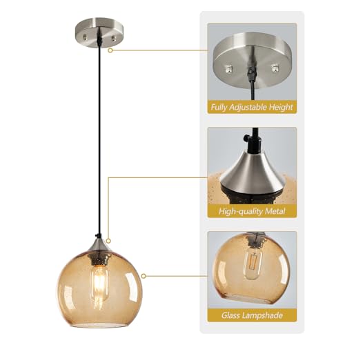Light Brown Glass Pendant Lights Kitchen Island Lighting Globe Pendant Light Fixtures Modern Pendant Lighting for Bedroom Living Dining Room Light Fixture (3 Count)