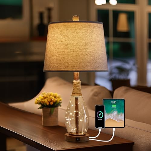 23" USB A+C Table Lamp for Bedroom Living Room Modern Bedside Lamps Retro Farmhouse Rattan Glass Nightstand Nightlight Lamps