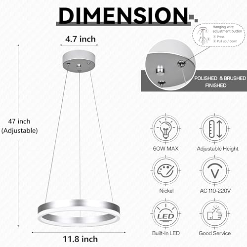 12" Nickel Led Ring Chandelier Ring Modern Led Chandelier Modern Pendant Lights Adjustable Height Light Contemporary Light Fixture for Kitchen Island Bedroom Dining Room Living Room