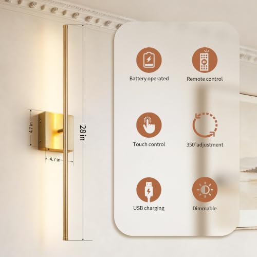 28.3 Inch Wall Sconces Battery Operated for Living Room Gold (2 Count)