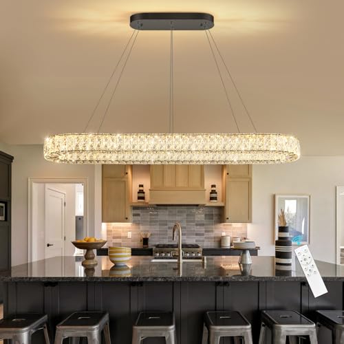 Modern Oval Chandelier Rectangular K9 Crystal Chandeliers for Dining Room Dimmable LED Light Fixture with Remote for Living Room Kitchen Light Black