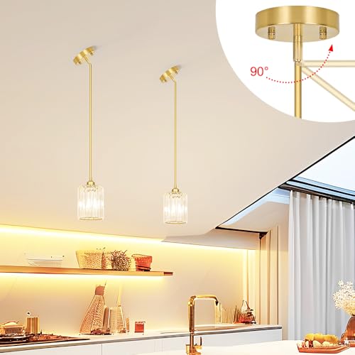 Brushed Gold Kitchen Pendant Lights Over Island with Adjustable Rods