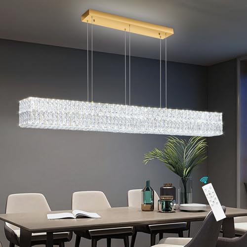 Rectangular Crystal Chandelier Dimmable LED Linear Chandeliers for Dining Room Remote Ceiling Pendants Light Fixture for Kitchen Island Gold