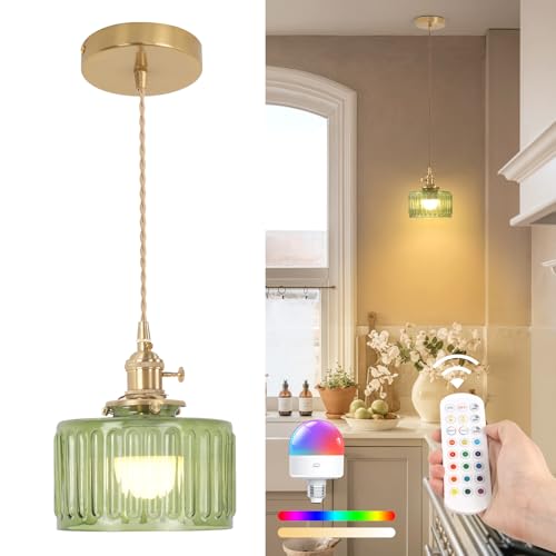 Battery Operated Pendant Light 5000mAh Rechargeable Chandelier with Remote Control Wireless Adjustable Hanging Green Striped Light for Kitchen Island Dining Room Hallway