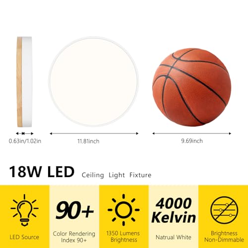 Modern Wood White Flush Mount Ceiling Light 11.81 Inch