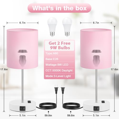 Pink White Touch Lamps for Nightstand Set of 2 (2 Count)