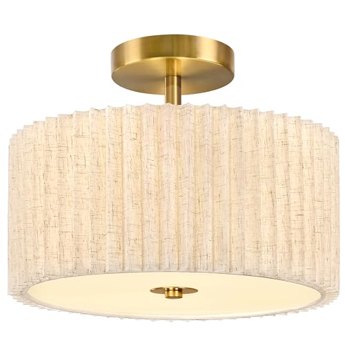 2 Light Semi Flush Mount Ceiling Light Fixture 12.6 Inch Modern Gold Drum Ceiling Light Fixture with Pleated Fabric Shade Dimmable Close to Ceiling Light for Living Room Hallway Bedroom Entryway
