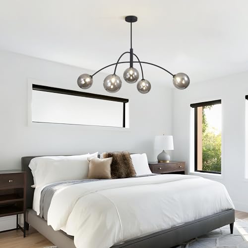 Mid Century Modern Chandelier Black 5 Light Industrial Pendant Light Fixture Vintage Smoke Gray Globe Glass Sputnik Chandeliers for Bedroom Kitchen Living Room Hallway