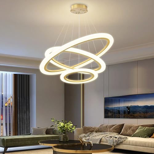 Modern LED Chandelier 3 Ring Chandelier for Dining Room Living Room Pendant Lighting High Ceiling Hanging Light Fixture for Bedroom Foyer Gold