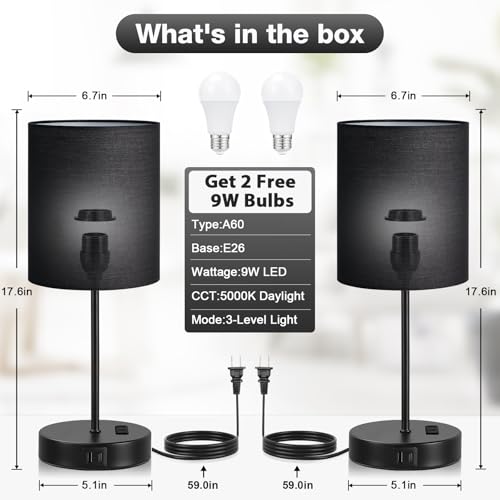 17.6" Black Touch Lamps for Bedroom Set of 2 (2 Count)